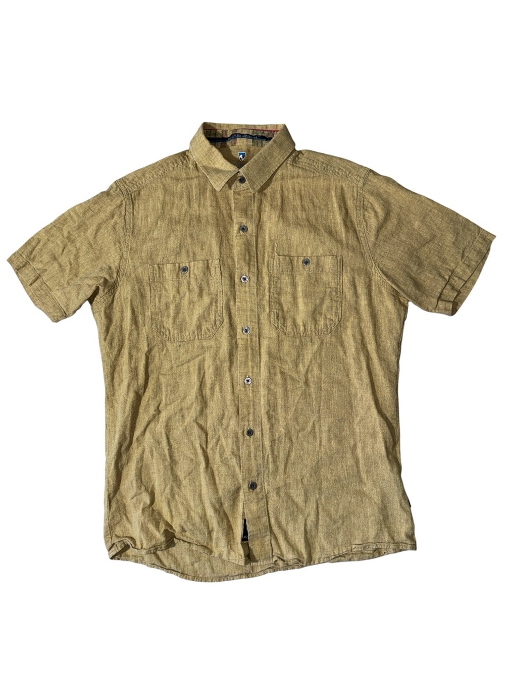 Kuhl mens S Small tan solid linen cotton short sleeve button up casual shirt EUC